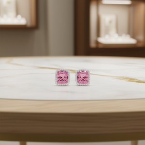 Pendientes de tuerca Mikimoto con gema rosa, corte cojín, engaste de bisel, joyería fina de lujo para mujer, para boda - Product Image 2