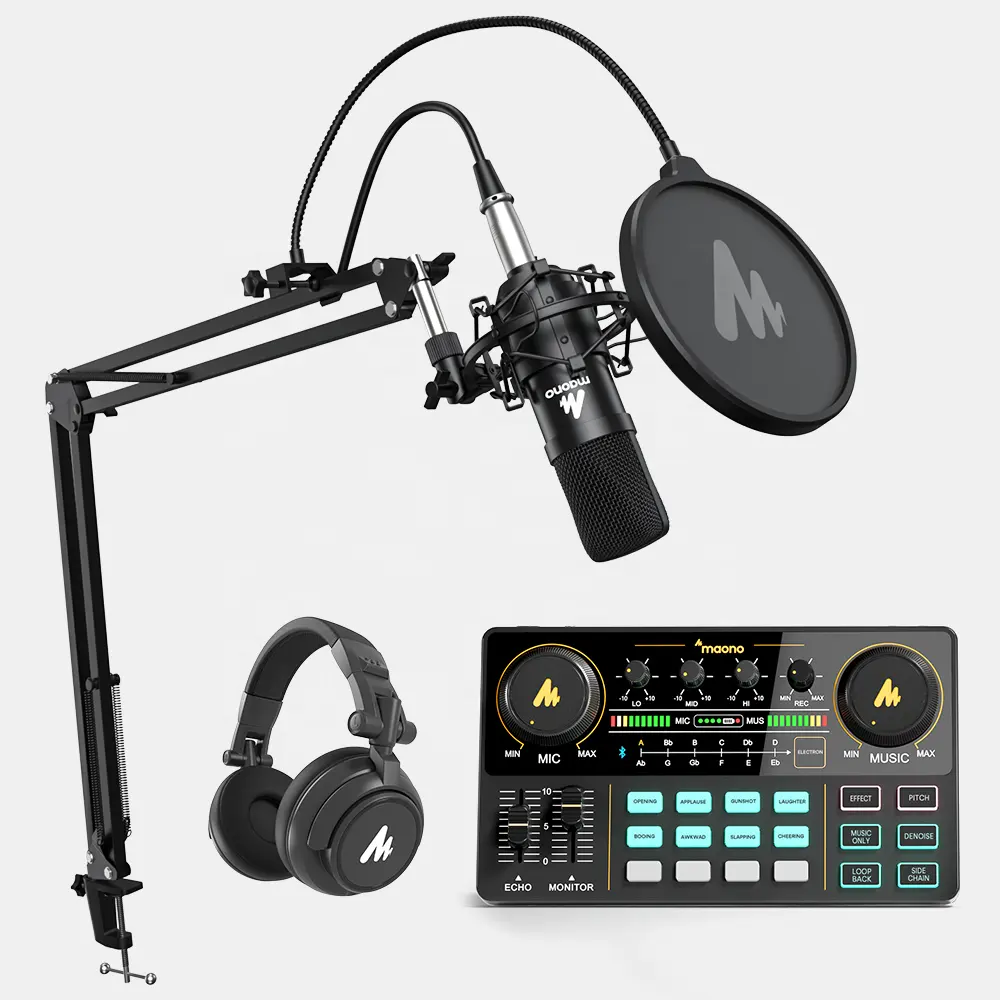 MAONOCASTER Mixer Kartu Suara, Mixer Audio Studio Rekaman, Kartu Suara Podcast Antarmuka Audio Profesional dengan Mikrofon
