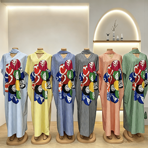 Robe <span class=keywords><strong>Africaine</strong></span> Grande Taille pour <span class=keywords><strong>Femme</strong></span>, Modèle Kafatan Boubou, Imprimé Rayé Abstrait, Tenue Traditionnelle Ethnique, Vente en Gros - Product Image 3
