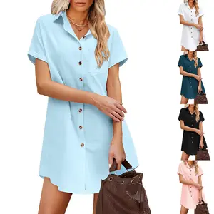 Amazon comércio exterior americano 2023 camisa de botão longo das mulheres manga curta camisa de linho saia verão praia blusa