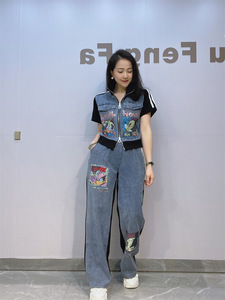 Conjunto Casual de Dos Piezas de Mezclilla con Cárdigan Corto con Cremallera y Pantalones de Manga Corta con Diamantes <span class=keywords><strong>para</strong></span> <span class=keywords><strong>Mujer</strong></span>, Moda de Verano B0153 - Product Image 6