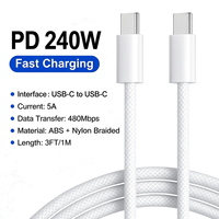 Kabel USB C ke USB C 240W PD, Kabel Data Pengisian Cepat USB2.0 Tipe C 5A dengan Jalinan Nilon untuk Laptop, Tablet, Ponsel Android