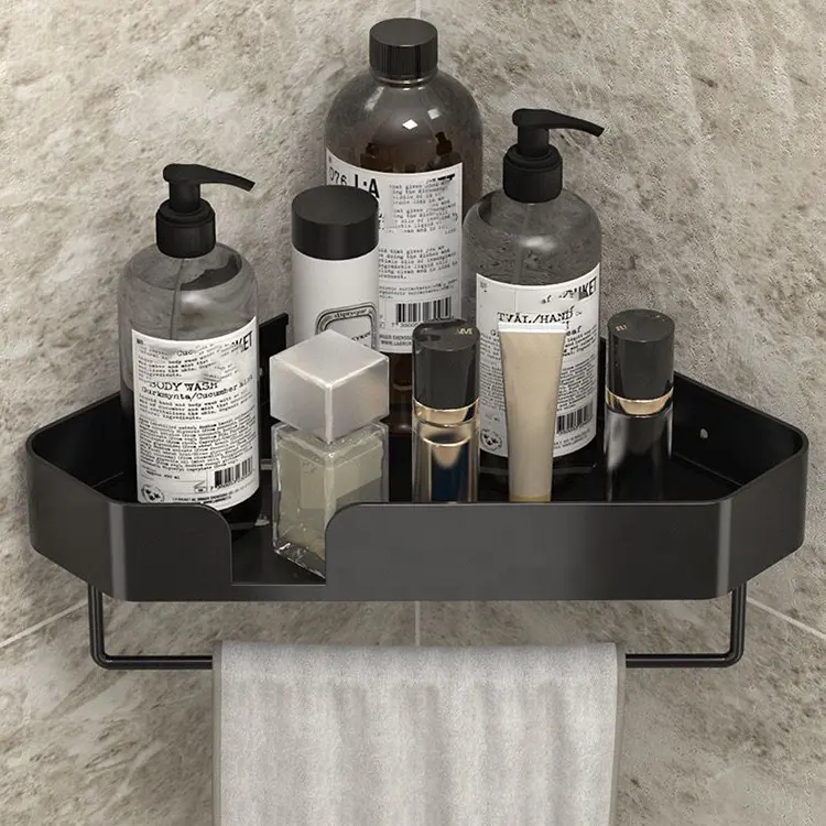 Aluminum Alloy Black Rack Self Adhesive No Drilling Bathroom Organizer Shower Corner Shelf