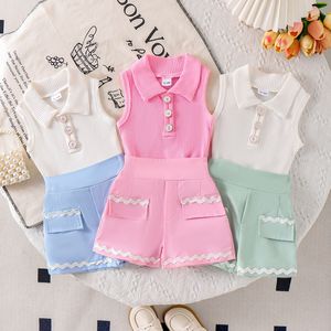 Ensemble décontracté été 2026 en coton respirant de couleur unie, <span class=keywords><strong>gilet</strong></span> et short pour bébés et enfants - Product Image 1