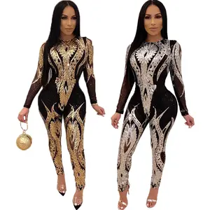 2022 luxury black see through long sleeve print shiny mesh gold sequin party jumpsuit for women