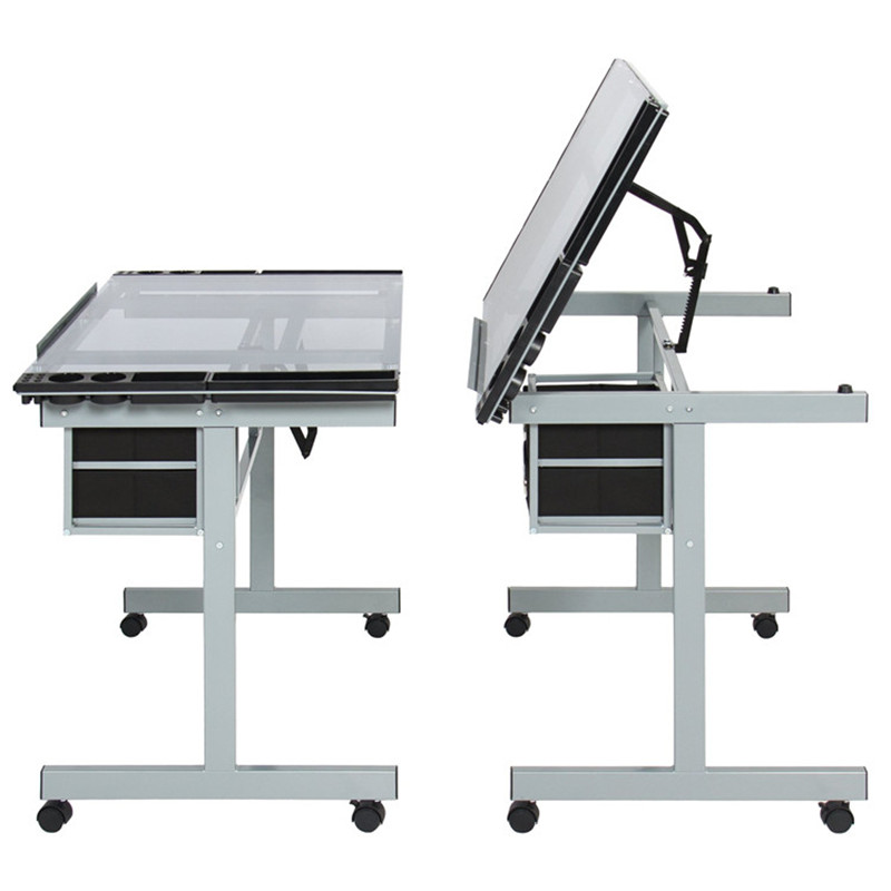 Home Office Drawing Desk Station Tempered Glass Adjustable Drafting Table