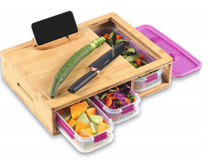 Cutting board bamboo with storage containers - bamboo cutting board with trays - charcuterie cutting boards wood