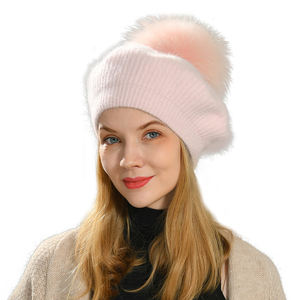Nouveauté 2022 : Bérets pour adultes avec <span class=keywords><strong>pompon</strong></span> en fourrure de raton laveur véritable détachable, bérets élégants pour femmes, bérets en tricot chauds - Product Image 1