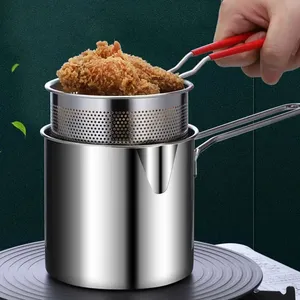 Frigideira em aço inox 304 com conjunto de cesta de fritar, cesta de cozinhar para fritar batatas fritas, mini panela de tempura