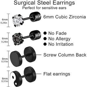 Pendientes de acero inoxidable con forma de disco redondo, diseño de cristal negro Yin Yang para hombres y mujeres, joyería de moda, juego de 4 pares - Product Image 5