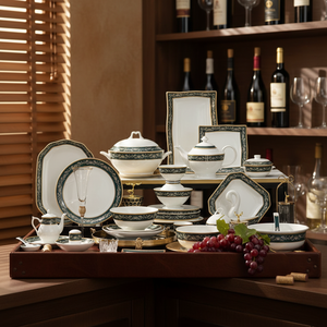 50-Piece Durable Luxury Bone China <b>Dinnerware</b> Set with Scenic Pattern Royal Blue & Gold Trim Dishwasher Safe for 8 People - Product Image 1