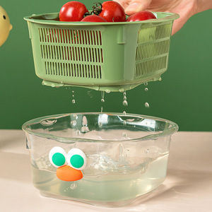 Double Layer Drain <b>Basket</b> Plastic Fruit <b>Vegetable</b> Washing Filter 15.5x15.5x8cm Green And White Household Kitchen Strainer - Product Image 3