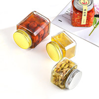 Toples kaca persegi penyimpanan makanan dapur, toples kaca persegi, Penyimpanan makanan dapur, wadah jernih, wadah madu, botol segel, saus panas, cabai