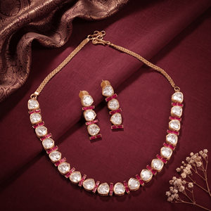 Rose Gold Plated Uncut Kundan Choker <b>Necklace</b> Set with <b>Ruby</b> Red Stones and Matching Drop Earrings for Bridal Wedding Wear - Product Image 5