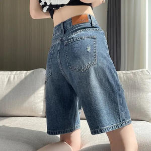 Short en jean déchiré pour femme en été à cinq points mince taille haute A-line lâche mince petit pantalon mi-long rétro à jambes larges - Product Image 5