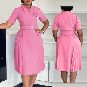 <span class=keywords><strong>ATR</strong></span>-584 vente en gros grande taille taille Empire solide bureau femmes a-ligne robe mi-longue écologique plissé épissé ceinture printemps automne - Product Image 3