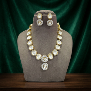 Luxury Gold Finish Round Brilliant Cut Crystal White <b>Statement</b> <b>Necklace</b> Set with Matching Earrings for Women Wedding Party - Product Image 3