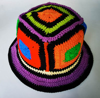Chapeau Bob Femme en Acrylique à Maille Épaisse, Crocheté à la Main, Motif Plaid, Broderie 3D, Patchwork Multicolore