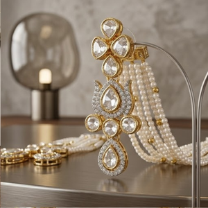 Elegant 925 Silver Kundan <b>Necklace</b> Set Traditional Bridal Jewelry Designer Pearl Earrings for Women Wear - Product Image 3
