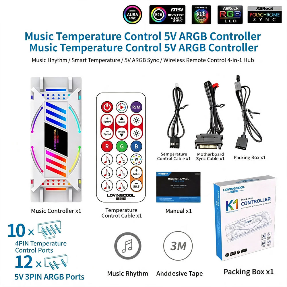 White 5v three-pin temp control argb controller-music edition