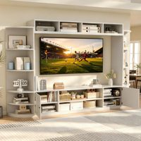 240 cm Weißer Holz-TV-Ständer mit 2 Aufbewahrungsschränken, Präsentationsregalen, Steckdosen und USB-Anschlüssen, Moderne Medienkonsole für 60-64 Zoll Fernseher im Wohnzimmer