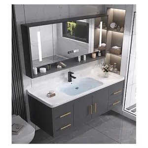 Luxus schwimmendes Badezimmer-Waschtischset mit Spiegels chrank und mattschwarzem Finish