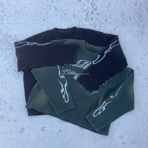 T-shirts décontractés surdimensionnés à impression numérique personnalisée, t-shirt en tricot gaufré vert foncé vintage à manches longues pour hommes - Product Image 2