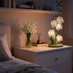 Lampe de table réglable en forme de fleur de cristal, E27 LED, commande par interrupteur, lumière blanche chaude douce, col flexible, abat-jour en verre noir, lampe en bois - Product Image 2