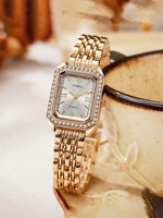 Montre carrée vintage dorée pour femme, montre-bracelet à quartz avec bordure en strass et chiffres romains, cadran multicolore effet rayon de soleil, bracelet en métal