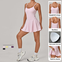 Gaun Olahraga Wanita Model Spaghetti Strap U-Back untuk Tenis, Badminton, dan Padel dengan Celana Pendek Terpadu dan Bantalan Dada yang Dapat Dilepas