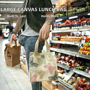 Wholesale Large Capacity Canvas Lunch <b>Bag</b> Letter Zipper Closure Cute Design for Office Workers Moms <b>Hand</b>-<b>Carry</b> Rice <b>Bag</b> - Product Image 2