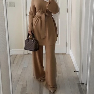 High Quality Pure Color Two Pieces Set Simple Blouse and Loose Wide Leg Pant Office Fashion Sets Muslim Modest Abaya Sets 2272 - Product Image 2