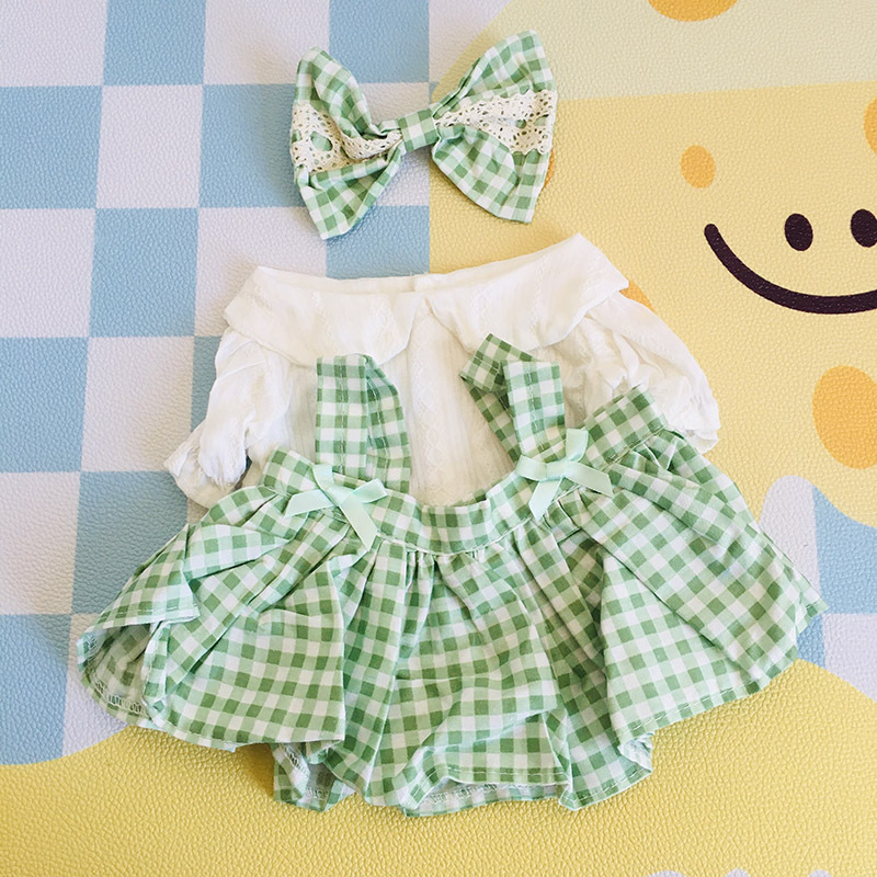 Green grid bow-knot skirt 3-piece set