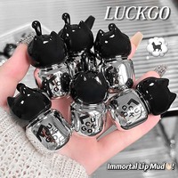 LUCKGO Little Fat Black Cat Lip Mud Velvet Matte Creamy Waterproof Fashion Long Lasting Non-Stick Cat Shape Lipstick 6 Colores