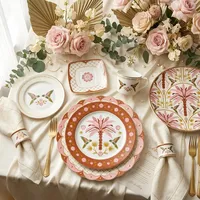 Ensemble d'assiettes à dîner en céramique rose rétro, vaisselle en porcelaine de luxe avec motif de palmiers tropicaux, assiettes rondes pour dessert et salade de mariage
