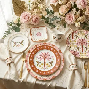 Juego de Platos de Cerámica Retro con Diseño de Loro Rosa, Vajilla de Porcelana de Lujo con Palmeras Tropicales, Plato Redondo para Postre y Ensalada para Bodas - Product Image 6
