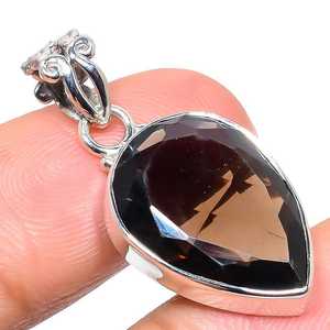 Collier Femme en Argent Sterling 925 avec Quartz Fumé Coupe Ovale Diamant Lunette Réglage Or Plaqué Rhodium Pendentif Charme Naturel - Product Image 1