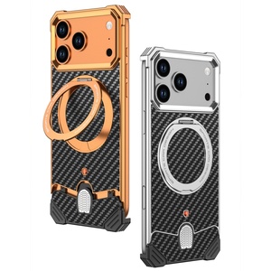 Custom Carbon Fiber Texture Metal <b>Phone</b> Case for iPhone 17 Pro Max With 360° Magnetic <b>Ring</b> Stand Frameless Shockproof Cover - Product Image 1