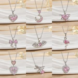 Collana pendente moda donna acciaio inossidabile placcatura argento impermeabile rosa zircone ali amore alla moda cuore luna - Product Image 2