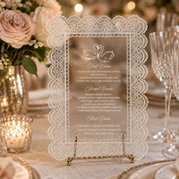 Carte de menu de mariage personnalisée en acrylique avec bordure en dentelle, imprimée UV, panneau de menu transparent en acrylique pour la décoration de table de réception de mariage
