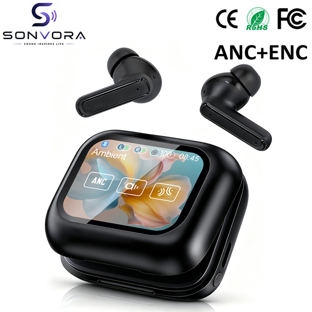 V10 ANC+ENC Full Color Smart Touch Screen Earbuds HIFI DSP Sound Quality In-Ear Wireless Earphones with Stereo Surround Sound