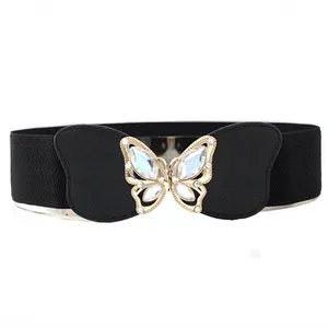 Golden Butterfly Buckle with Diamond Studded for Casual Western Outfits 60mm Wide Women's Stretchable Elastic Waist Belt