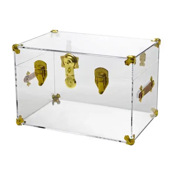 Coffre de rangement en lucite en acrylique transparent à dessus plat avec coins en laiton