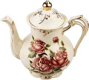 Керамический чайник с узором розы, винтажный цветочный керамический чайник цвета слоновой кости, 28 унций, большой фарфоровый декоративный чайник