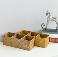 Boîte de rangement de bureau compartimentée en jonc de mer tressé vintage, organisateur d'objets divers, panier pour télécommandes et cosmétiques, naturel