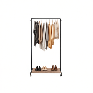 Porte-vêtements métallique Parisloft avec étagère en bois, style industriel, roulettes verrouillables, un seul niveau - Product Image 1
