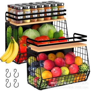Iron Wood Combined Magnetic Storage Basket With Spice Rack For Kitchen Counter Fruit <b>Vegetable</b> Organizer - Product Image 5