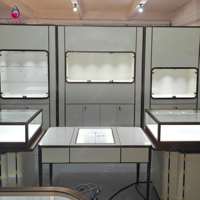 Loja de Joias de Luxo Personalizada Sundo, Design de Interiores, Vitrine de Vidro com LED em Creme Dourado, Mobiliário para Loja