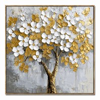 Tableau mural 3D Arbre de Vie doré et blanc fait main sur toile, peinture moderne de luxe texturée à la spatule pour salon