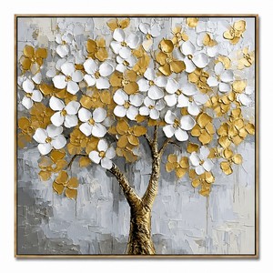 Cuadro <span class=keywords><strong>de</strong></span> Lienzo Hecho a Mano 3D Árbol <span class=keywords><strong>de</strong></span> <span class=keywords><strong>la</strong></span> <span class=keywords><strong>Vida</strong></span> Dorado y Blanco, Arte <span class=keywords><strong>de</strong></span> Pared Moderno <span class=keywords><strong>de</strong></span> Lujo con Textura Intensa y Pintura al Óleo con Espátula para Sala <span class=keywords><strong>de</strong></span> Estar - Product Image 1